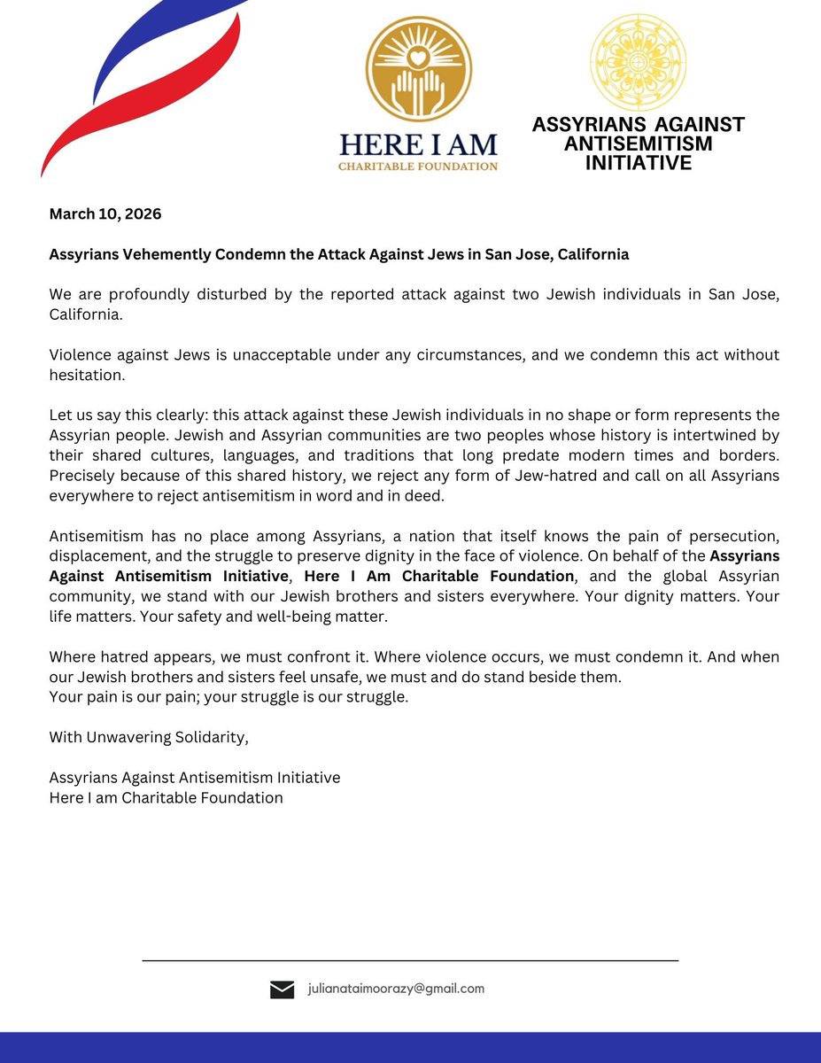 iraqichristian's tweet photo. Important Statement Against the Attack on #Jews in San Jose: @GadSaad @StealthMedical1 @ImMeme0 @SFJCRC @simonwiesenthal @CombatASemitism @BenHanan_ @Awesome_Jew_ @EYakoby @StopAntisemites @MOSSADil @JewsFightBack @ILTVNews @IsraelWarRoom @RabbiPoupko https://t.co/gGOpkN80PH