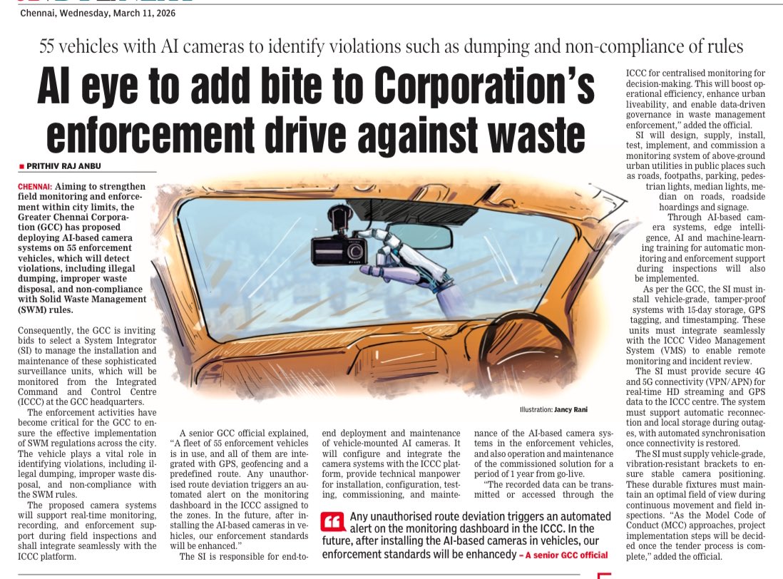 Prithivrajanbu's tweet photo. A fleet of #55vehicles with #AIcameras to add bite to the #GCC enforcement drive against waste to identify violations such as #dumping and non-compliance with #SWMrules in the city. @dtnext
https://t.co/JnEsOTxxCP https://t.co/FcHsCwMdZD