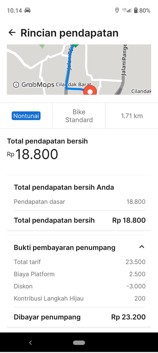 papacendut's tweet photo. @afrkml @team_ngidol @SayogaDian Nih kemarin sore saya dapet orderan di daerah Cilandak kondisi macet parah sama jam pulang kerja,jarak 1.71km itu biasanya 10rbu kak. Tapi kemarin sore jadi 18.800 https://t.co/vvh1ihd6wq