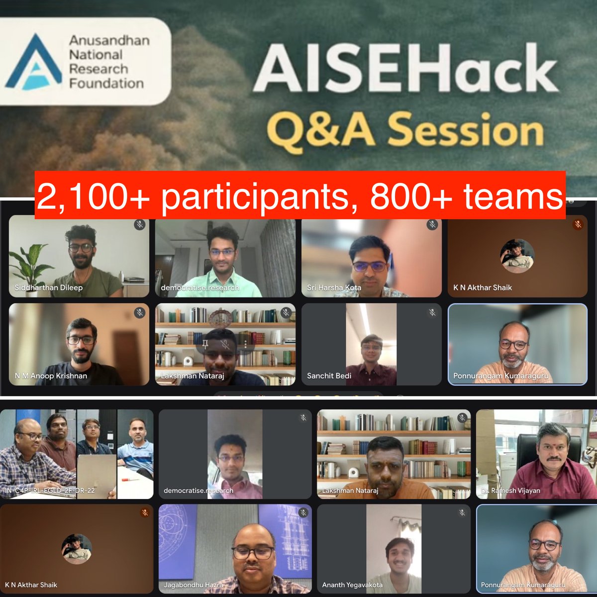 ponguru's tweet photo. ๐ฑ 2,100+ participants forming 800+ teams from across the country for #AISEHack, AI for Science & Engineering Research Hackathon! ๐
Amazing energy from students & researchers. We hosted a Q&A on flood detection & pollution prediction.
YouTube recording in comments. #ANRFIndia https://t.co/NsA4AffBJR