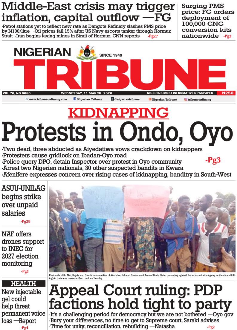 nigeriantribune's tweet photo. Wednesday, March 11th FP https://t.co/iz91xCHbf6