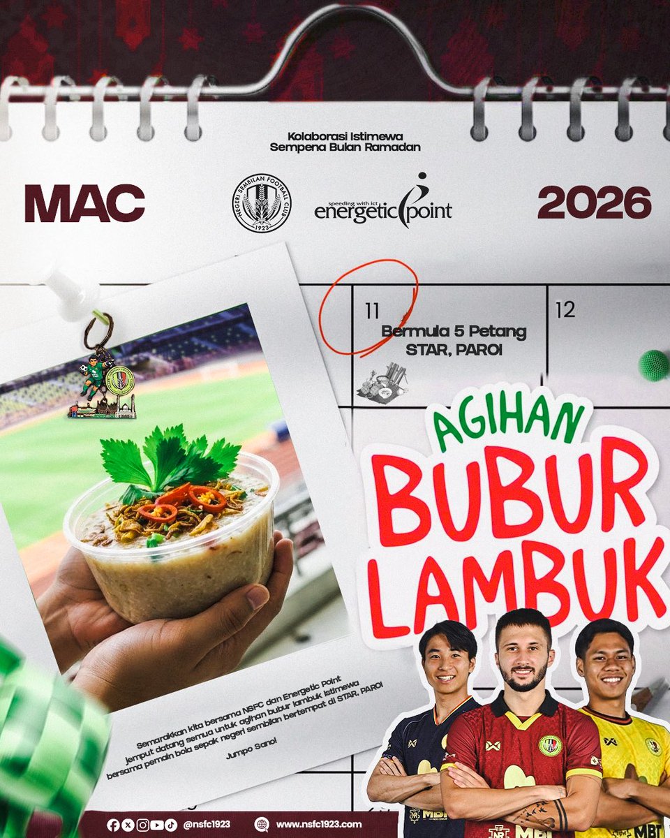 nsfc1923's tweet photo. AGIHAN BUBUR LAMBUK BERSAMA PEMAIN NSFC! 🥣

Sempena keberkatan bulan Ramadhan ini, Negeri Sembilan FC menerusi kolaborasi bersama Energetic Point berbesar hati menjemput seluruh warga dan penyokong Negeri Sembilan ke Program Agihan Bubur Lambuk! https://t.co/4uPRr5kVih