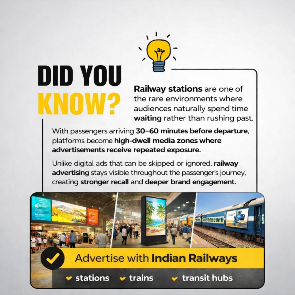 NinjaMedia_NMC's tweet photo. Did you know railway stations are one of the few places where people actually pause instead of rushing past?
If your brand wants attention that lasts, the railway platform is where the journey begins. 💡
#RailwayAdvertising #TransitMedia #OOHAdvertising #IndianRailways https://t.co/t2XLAzldLt