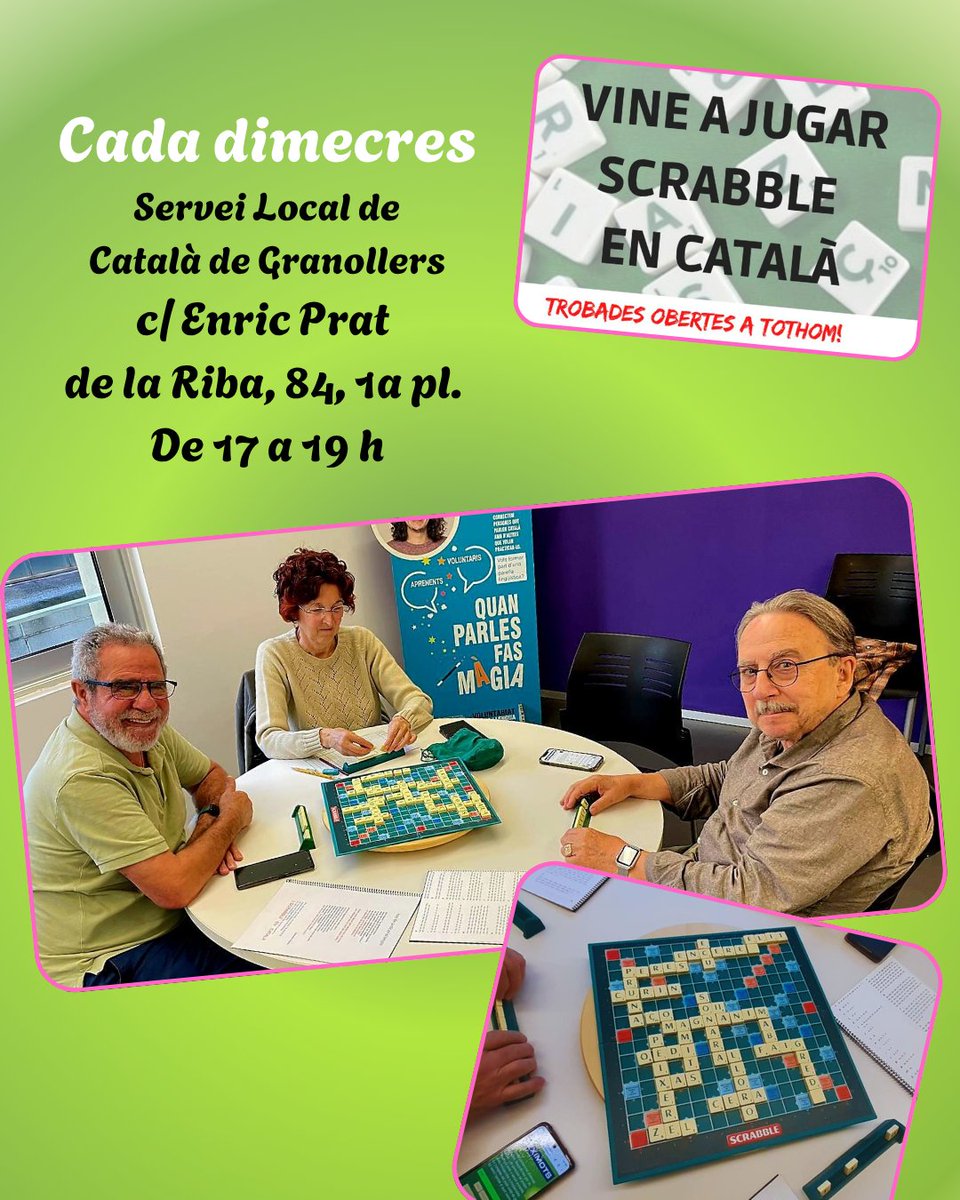 fiscrabblecat's tweet image. Avui dimecres, trobada oberta a tothom per jugar a #scrabbleencatalà al @cpnlcat de #Granollers!
A partir de les 17 h, al vestíbul. C/ Enric Prat de la Riba, 84, 1r
#scrabblecat #català #itujuguesencatalà #itujugues #llengua #llenguacatalana #vxl #vallesoriental @cpnlgranollers