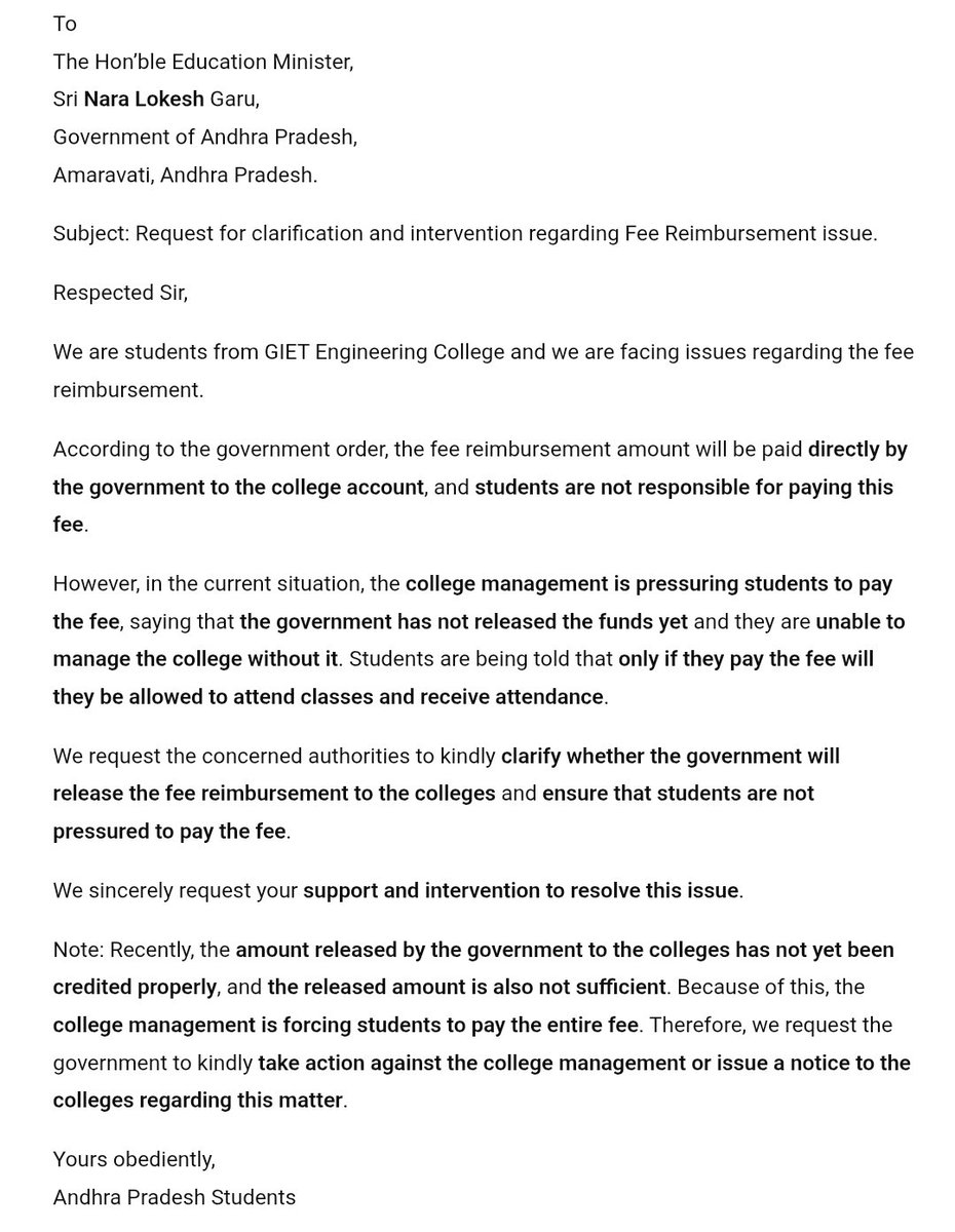 Giet_studentsAp's tweet photo. @naralokesh Sir, please look into this issue. Students are being pressured to pay fees even though fee reimbursement is a government scheme. Kindly intervene and help students.🙏
@AndhraPradeshCM 
@ncbn https://t.co/CoRlz97H09