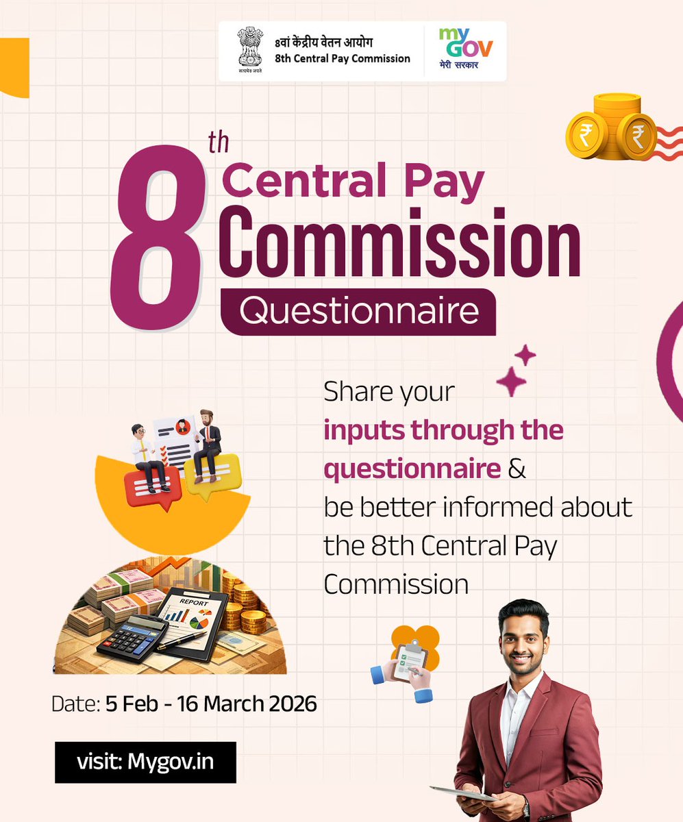 Have a say in shaping the future of government pay structures

Share your views through the 8th Central Pay Commission-Questionnaire and contribute your inputs to the process

Participate now: mygov.in/mygov-survey/8…

#8thPayCommission

<a href="/FinMinIndia/">Ministry of Finance</a>