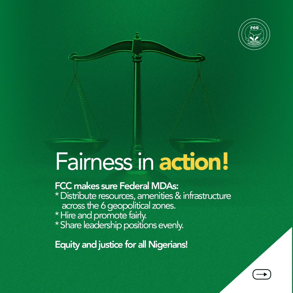 fccnigeria's tweet photo. Fairness is the mandate. Equity is the mission.

The Federal Character Commission ensures that every state, region, and ethnic group has a voice and is properly represented in Nigeria’s public service.

Because when representation is balanced, the nation grows stronger. https://t.co/op0sjDOQsZ