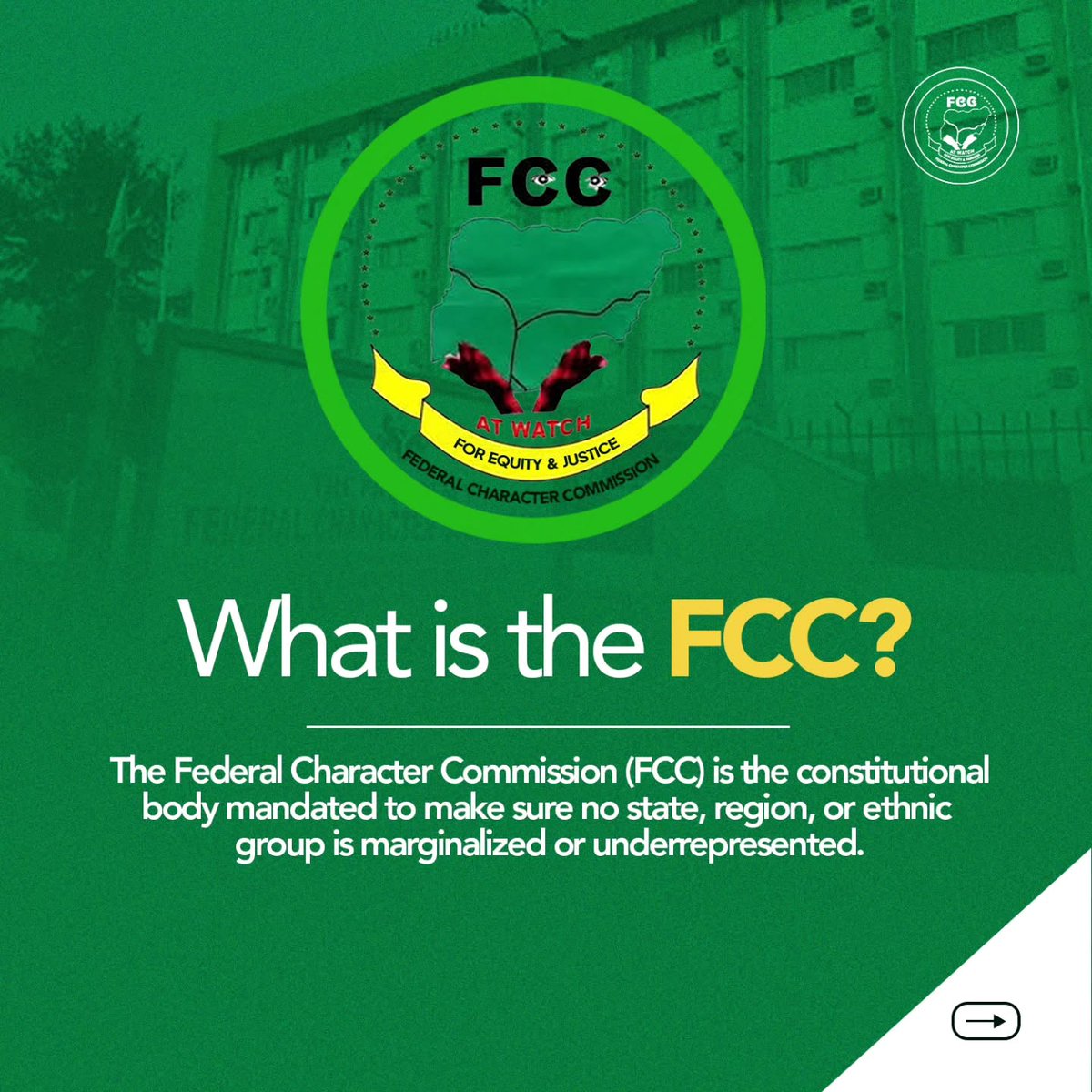 fccnigeria's tweet photo. Fairness is the mandate. Equity is the mission.

The Federal Character Commission ensures that every state, region, and ethnic group has a voice and is properly represented in Nigeria’s public service.

Because when representation is balanced, the nation grows stronger. https://t.co/op0sjDOQsZ
