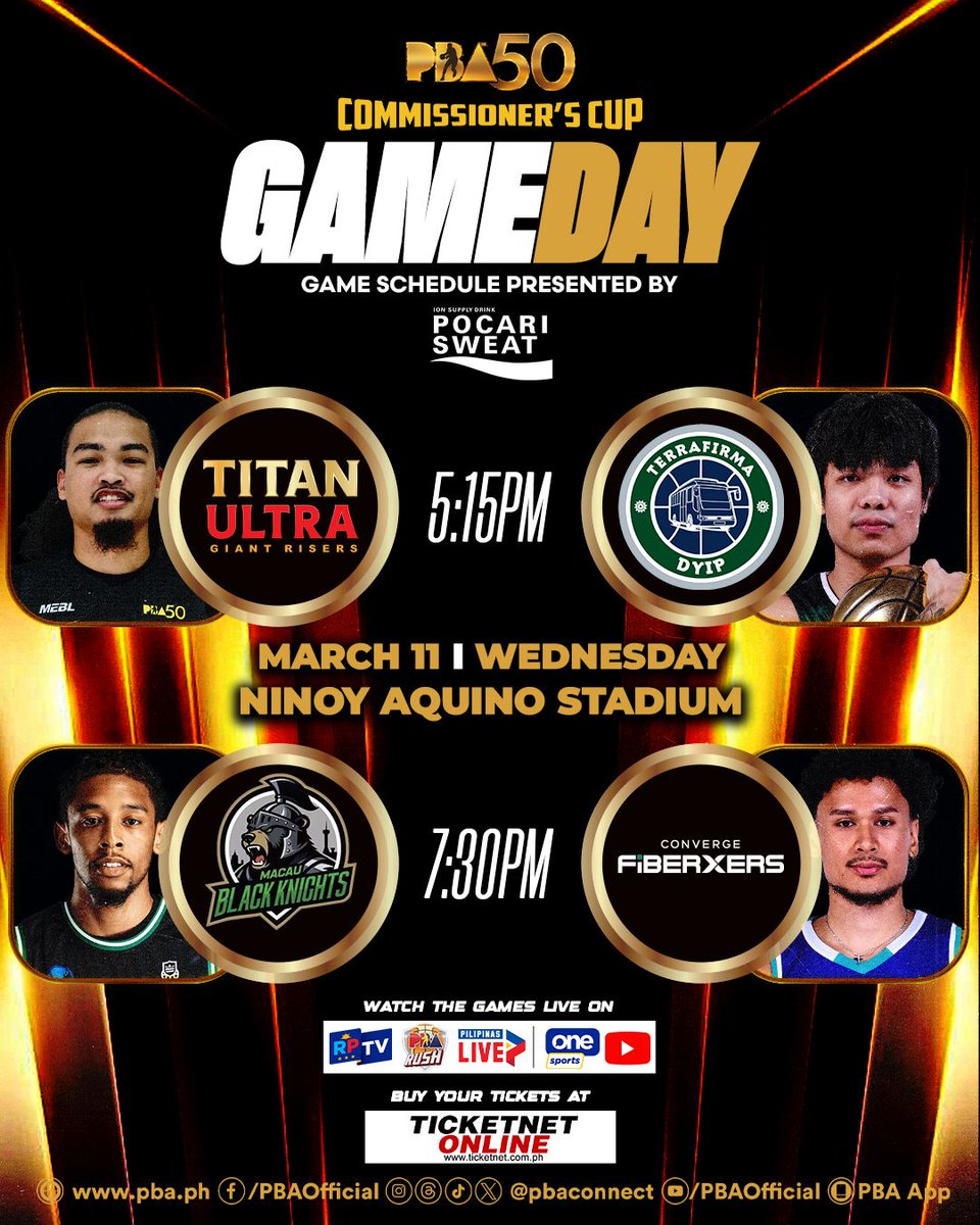 pbaconnect's tweet image. TODAY at Ninoy Aquino Stadium!

#PBA50CommsCup ELIMS Wednesday schedule brought to us by Pocari Sweat (Philippines)

5:15 PM
TITAN ULTRA GIANT RISERS vs. TERRAFIRMA DYIP

7:30 PM
MACAU BLACK KNIGHTS vs. CONVERGE FIBERXERS

#PBA50LID