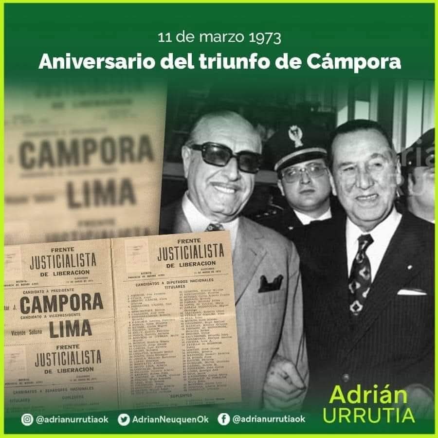 #UnDíaComoHoy...

El 11 de marzo de 1973, después de 18 años de proscripción del peronismo, el Frente Justicialista de Liberación se impuso en las elecciones presidenciales con la fórmula Héctor Cámpora – Solano Lima.

Hace 53 años, tras ser perseguidos, prohibidos, torturados,