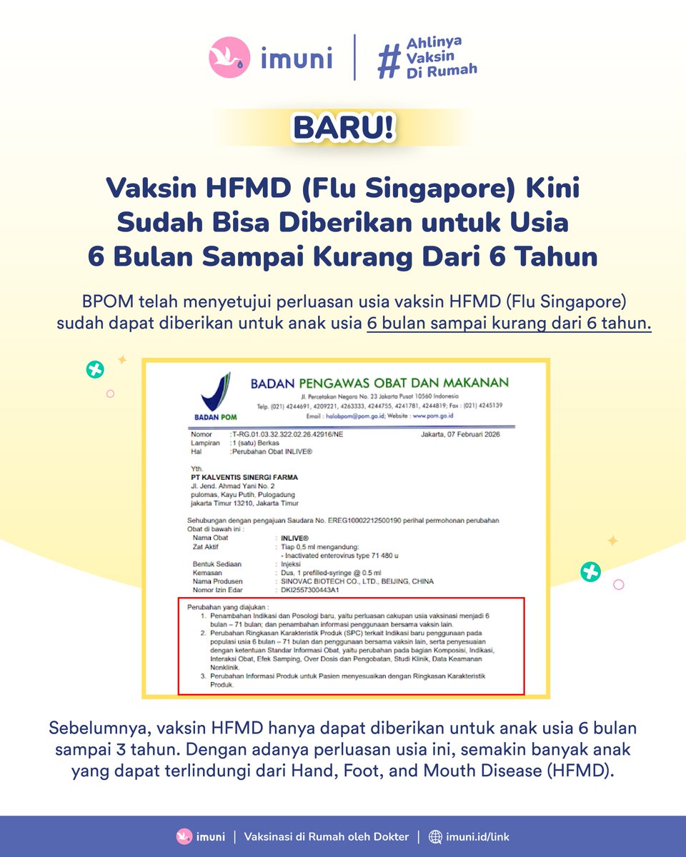 imuni_id's tweet photo. Vaksin HFMD Kini Sudah Bisa Diberikan Mulai Usia 6 Bulan Sampai Kurang 6 Tahun! 🥰 https://t.co/aMCWGhi3Se