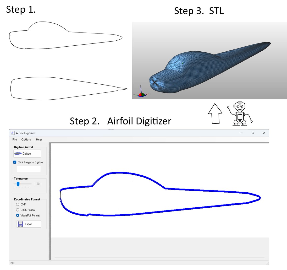 pat_hanley's tweet photo. Cross sections to 3D with AI in the loop 🤖
1. Side &amp; top drawings of your favorite aircraft fuselage
2. Get side &amp; top ordinates via Airfoil Digitizer
3. Vibe code the STL with your favorite AI
Learn more ➡️ https://t.co/TfiFTd0cc7 https://t.co/Wr3fKIt02c