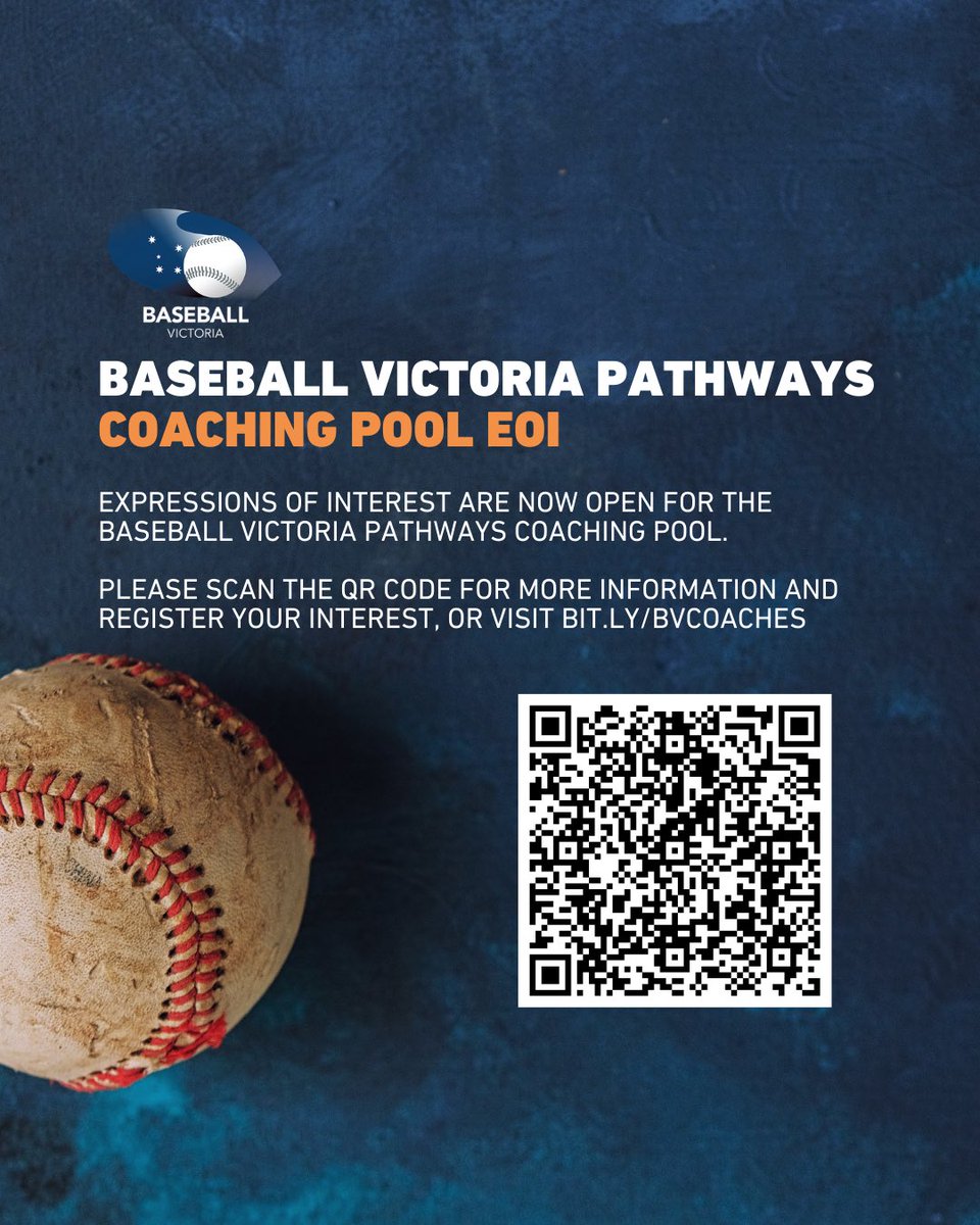 BaseballVic's tweet photo. 📣 CALLING ALL VICTORIAN BASEBALL COACHES 📣

Expressions of interest are now open for the Baseball Victoria Pathways Coaching Pool.

Please scan the QR code for follow the link below to submit your interest.

📌 https://t.co/3hNrxUVAWN

#performancepathway #coaching https://t.co/VXSgoDF9yE