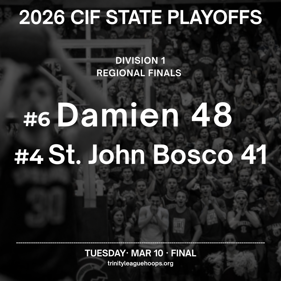 TRINITYLHOOPS's tweet photo. FINAL
#6 Damien 48
#4 St. John Bosco 41

CIF Division 1 Regional Final.
https://t.co/cQ5jpaN2Pj https://t.co/5vNtnqCBn4