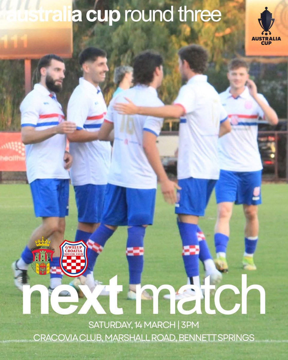NEXT MATCH | We enter in Round Three of the <a href="/AustraliaCup/">Hahn Australia Cup</a> this Saturday, in a 3pm kick-off away to Amateur side, Cracovia.

Get down to show your support, ahead of next weekend’s league season opener!

🔴⚪️🔵

<a href="/FootballWest/">Football West</a> #RedWhiteBlue