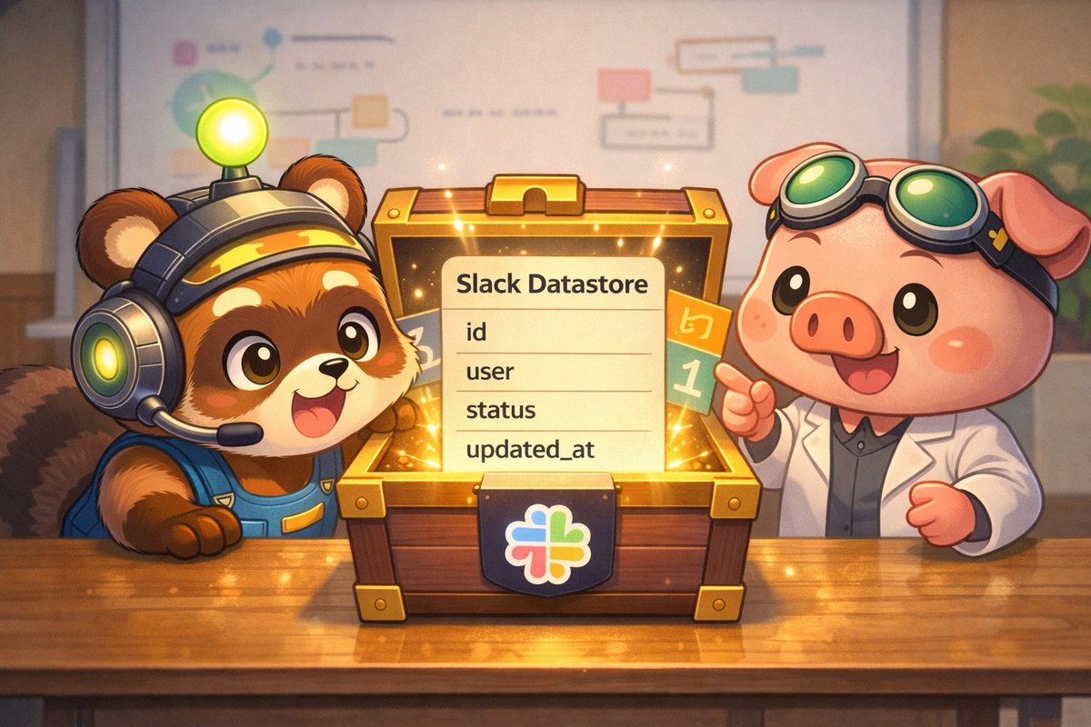 pnk2_tech's tweet photo. 🦝「Custom Function作れたけど、データを保存したり読み出したりしたいんだ」

データベース用意しないとダメ？

🐷「"Datastore"があるよ」

Slack組み込みのデータストア！

1/9
#Slackアプリ入門
#第11回
#SlackDatastore https://t.co/ujMztIBBVK