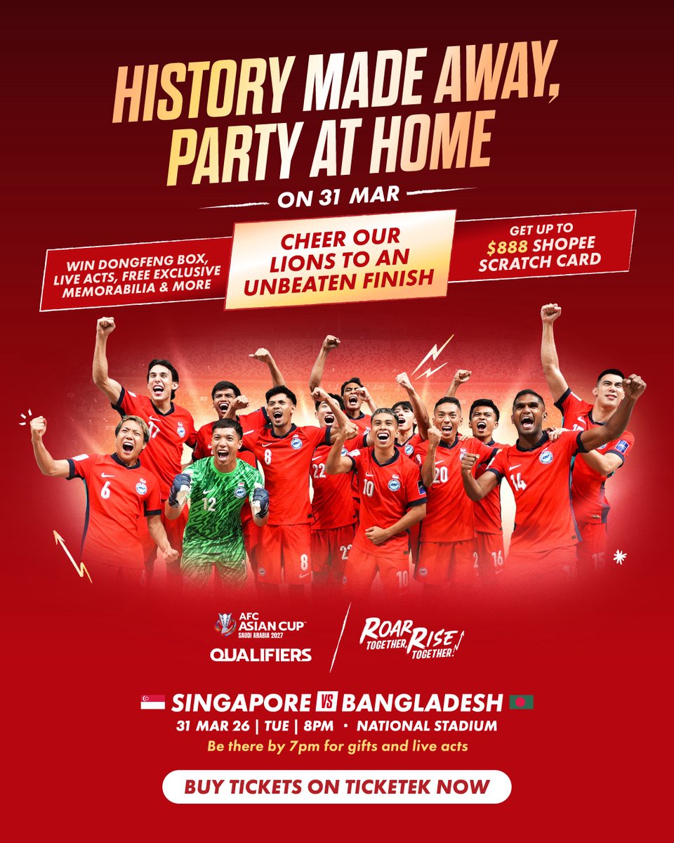 FASingapore's tweet photo. We're gearing up for the Singapore vs Bangladesh! ⚽ 

🎟️ Get your tickets to cheer our Lions on LIVE at the National Stadium, 31st March 🦁
📆 Get a chance to meet Coach Gavin, Captain Hariss Harun &amp; more on 28th March
🚨 Gear up in official Lions merch for match day https://t.co/7E3PXhYTi5