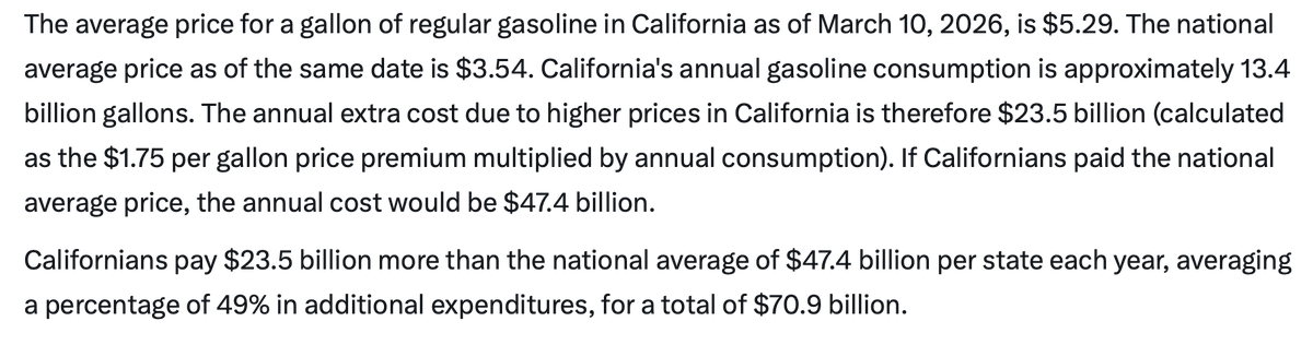 jabeale's tweet photo. Quite literally the last man in the country to be criticizing gas prices. Californians pay almost $2 billion per month - $23.5 billion annually - MORE than the rest of the nation at the pump. That's about 50% MORE than the national average. Every month. War or peace. 

You're often told to take a seat, @GavinNewsom. This is another one of those times.