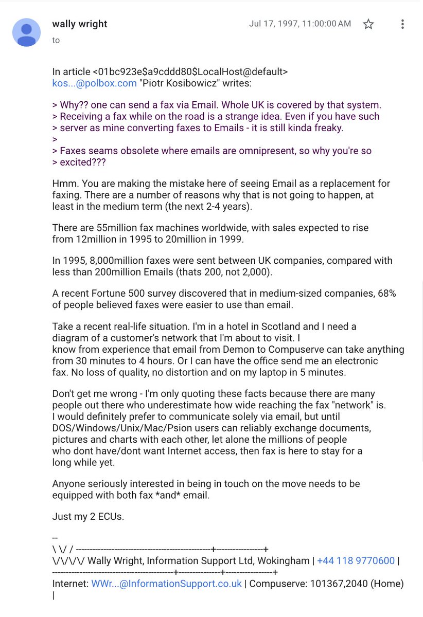 UsenetGems's tweet image. July 17, 1997: Usenet user insists "fax is here to stay" with stats on millions of machines and Fortune 500 preference over email. Famous last words. 

#UsenetGems #InternetHistory