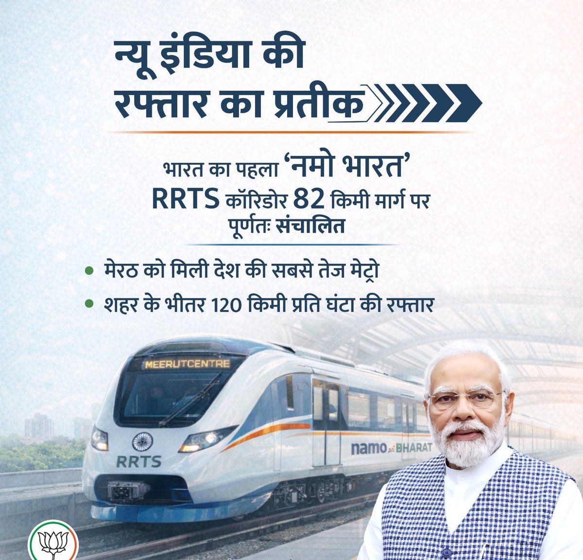 भाजपा सरकार के दूरदर्शी विजन ने उत्तर प्रदेश को विकास की तेज रफ्तार से जोड़ दिया है। 

82 किलोमीटर लंबे भारत के पहले ‘नमो भारत’ RRTS कॉरिडोर का पूर्ण संचालन शहरी कनेक्टिविटी में एक क्रांतिकारी बदलाव है।