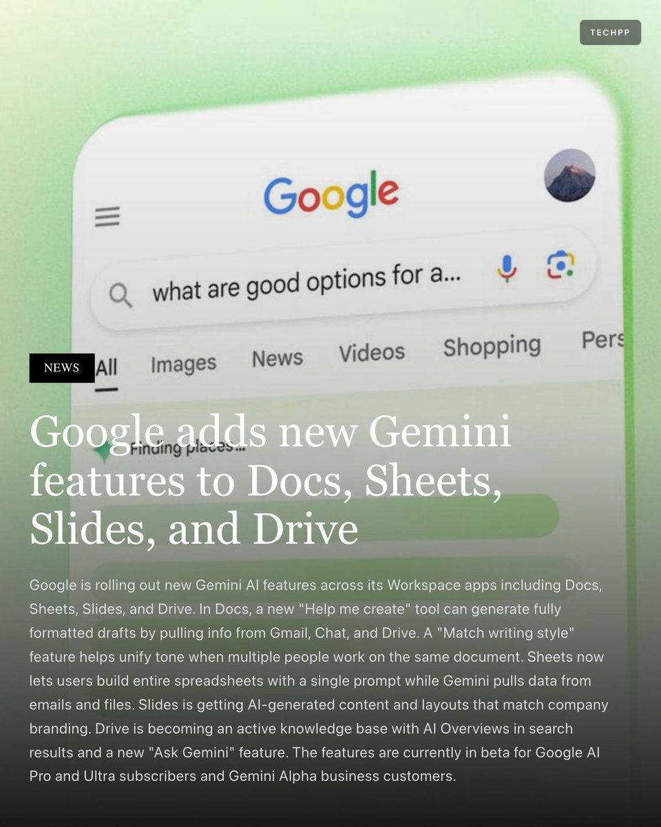 techpp's tweet image. Google adds new Gemini features to Docs, Sheets, Slides, and Drive

#Google #Gemini #Workspace #AI #Docs #Sheets