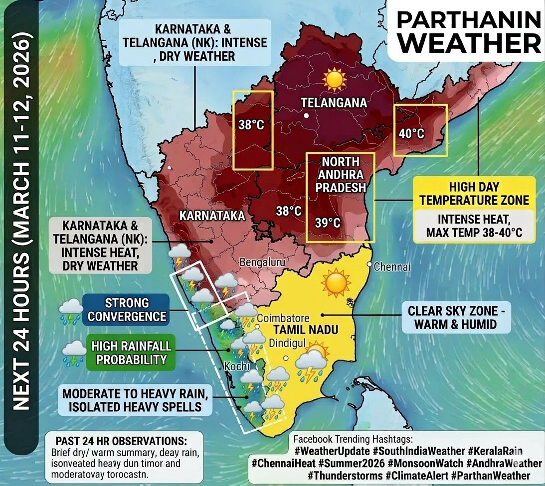 PIW44's tweet photo. 11th March 2026: Weather Alert: Strong Wind Convergence to trigger Rain over Kerala & Nilgiris, Heatwave-like conditions grip North Karnataka, Rayalaseema and Eastern Telangana.
https://t.co/P6nDLNMj0i
#WeatherUpdate #SouthIndiaWeather #KeralaRain #Summer2026 #AndhraWeather https://t.co/W9VC4g5sbK