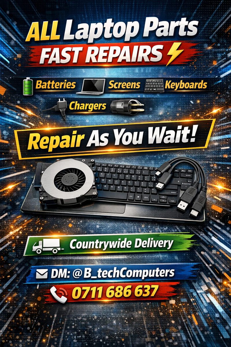 💻 ALL Laptop Parts | FAST Repairs ⚡
🔋 Batteries • 🖥 Screens • ⌨️ Keyboards • 🔌 Chargers
⚡ Repair As You Wait
🚚 Countrywide Delivery
📩 DM <a href="/B_techComputers/">B-Tech Computers</a> | 📞 0711 686 637