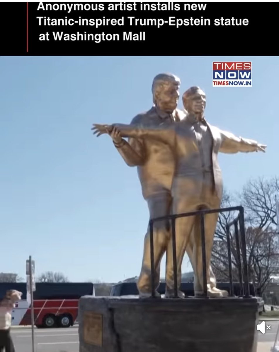 AbrarbhatK's tweet photo. An anonymous artist installed a Titanic-inspired statue depicting @realDonaldTrump and his partner #Jeffrey #Epstein on the National Mall in Washington, DC. https://t.co/Fbm6tl35ky