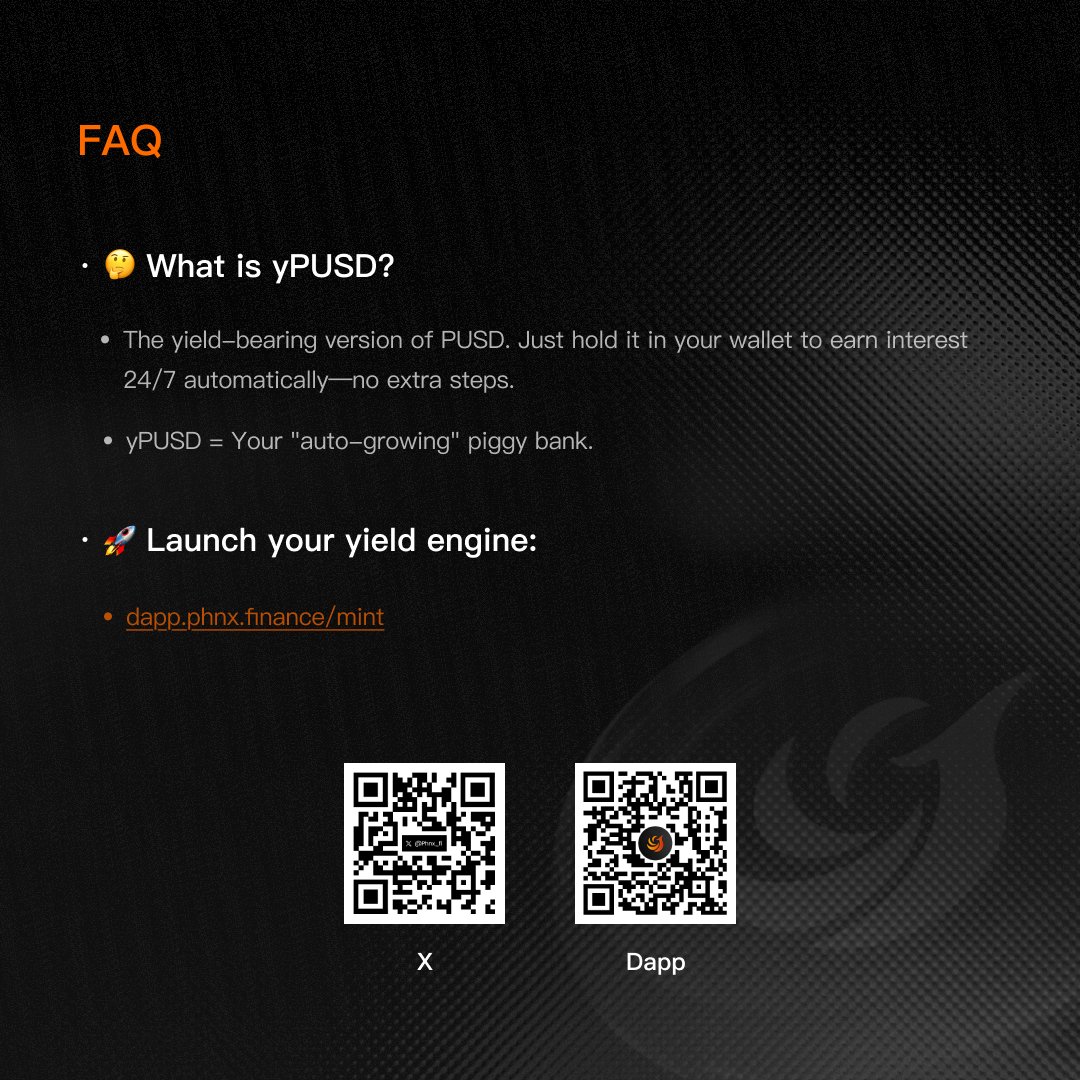 Phoenix Mint &amp; Stake Guide.

Turn your idle stablecoins into active yield.

Mint $PUSD with USDT / USDC, then stake it to receive $yPUSD —earning interest 24/7 automatically as your "auto-growing" piggy bank.

Swipe through the guide below to launch your yield engine. 👇

⚓️