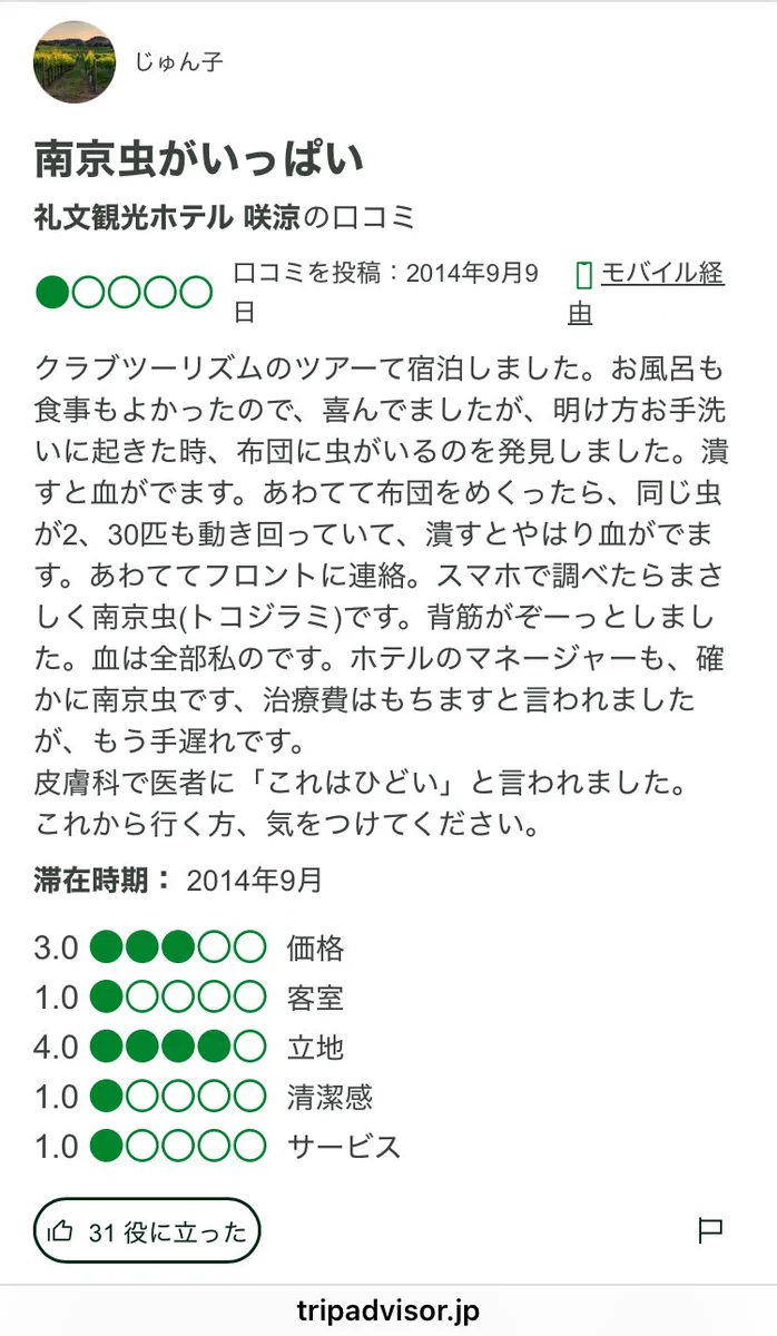 トコジラミ ホテル 口コミ