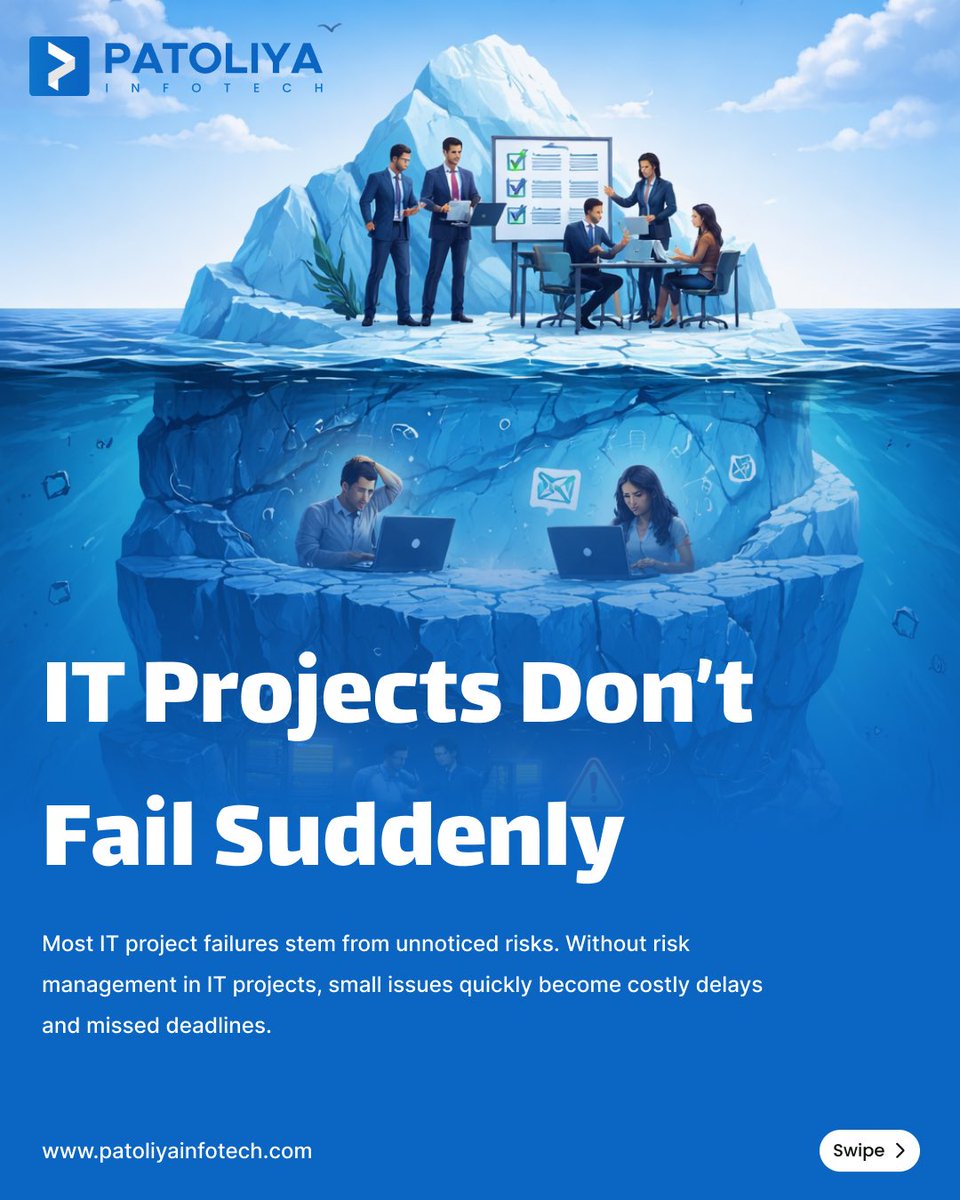 PatoliyaTech's tweet photo. IT projects don’t fail because of technology, but fail because risks were ignored.
 
•Identify risks early
•Prioritize what matters
•Mitigate before damage happens
•Deliver projects with confidence
https://t.co/heFZGhv5zV
 
#ProjectRiskManagement #ITRiskMitigation https://t.co/zs9ZAfXTRq
