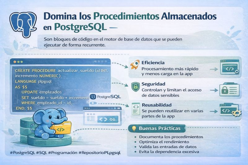 LaurianDev's tweet photo. Procedimientos almacenados en PostgreSQL
Entre sus ventajas destacan:

✅Mejor rendimiento en operaciones repetitivas
✅Mayor seguridad al controlar el acceso a los datos
✅Reutilización de lógica de negocio
✅Centralización de procesos dentro de la base de datos

Via Linkedln https://t.co/Ls8aJIwYhj