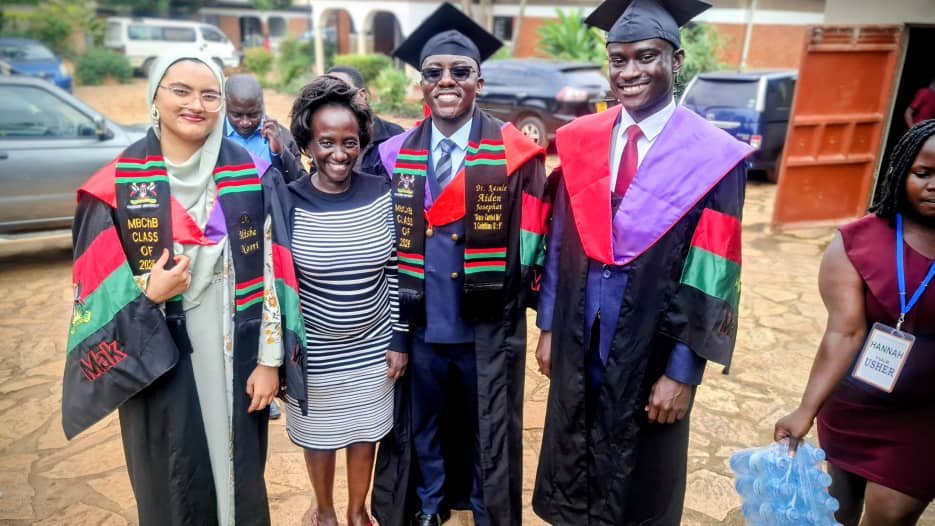 The Dean School of Medicine Prof. Annettee Nakimuli (3rd left) celebrating his mentee now Dr. Aiden Kasule with his primary school teachers and parents (Mr &amp;Mrs Kabuye) at Magere Kampala Uganda. Dr. Kasule was a student buddy who supported international scholars to acclimatize to