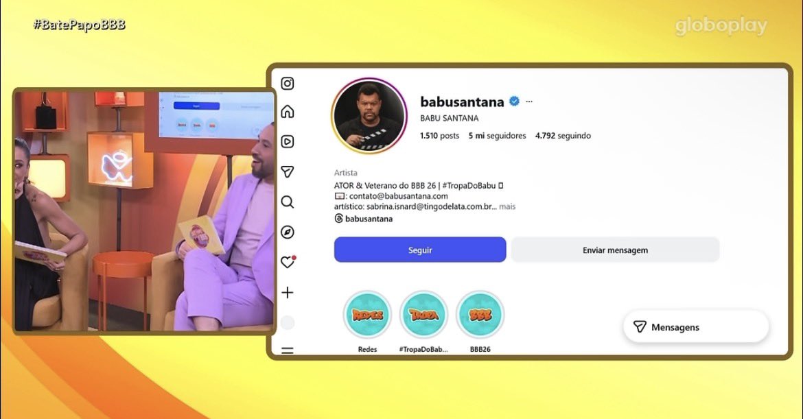 babuusantana's tweet photo. Paizão observa a quantidade de seguidores que ganhou durante o jogo e celebra a marca de 5 milhões no Instagram! 💛#BBB26 #TropaDoBabu https://t.co/20yysmskRo