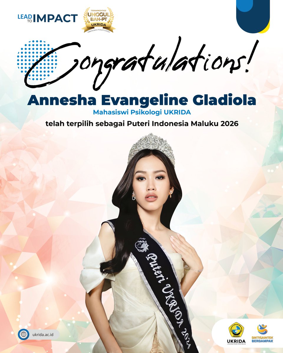 👑 Started as Puteri UKRIDA, now shining as Puteri Indonesia Maluku 2026 👑 

Annesha Evangeline Gladiola (502022029), mahasiswi Psikologi UKRIDA, resmi terpilih sebagai Puteri Indonesia Maluku 2026! 

Keep shining and make us proud! 💫

#PuteriIndonesia2026 #Psikologi #UKRIDA