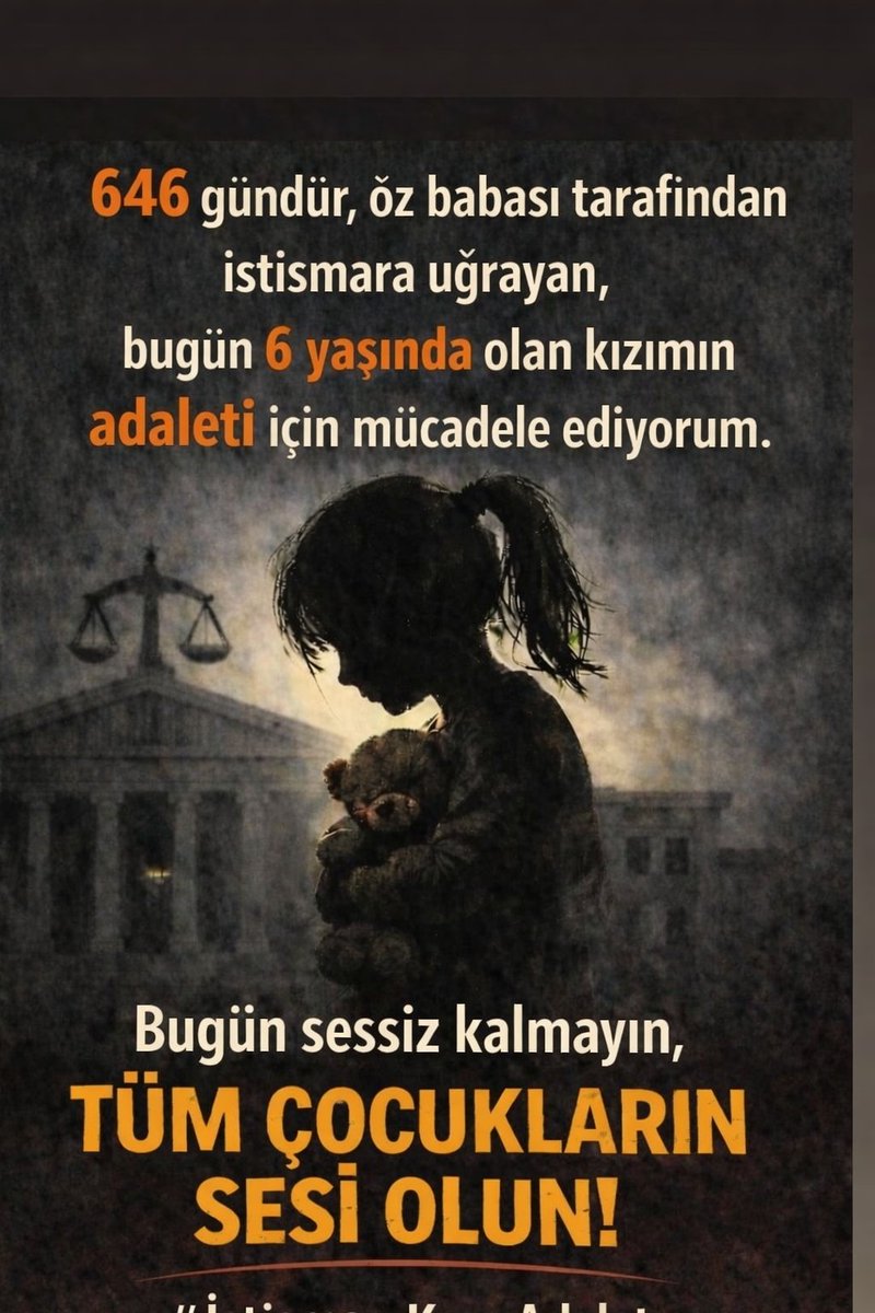 646 gündür, 4 yaşındayken öz babası tarafından istismara uğrayan, bugün 6 yaşında olan kızımın adaleti için mücadele ediyorum.

⚖️ 4.Duruşma ;

🗓 12 Haziran 2026
⏰️ 09.00
📌 Ünye Ağır Ceza Mahkemesi’nde görülecektir.

Ömür boyu bu travmayla yaşamak zorunda bırakılan bir