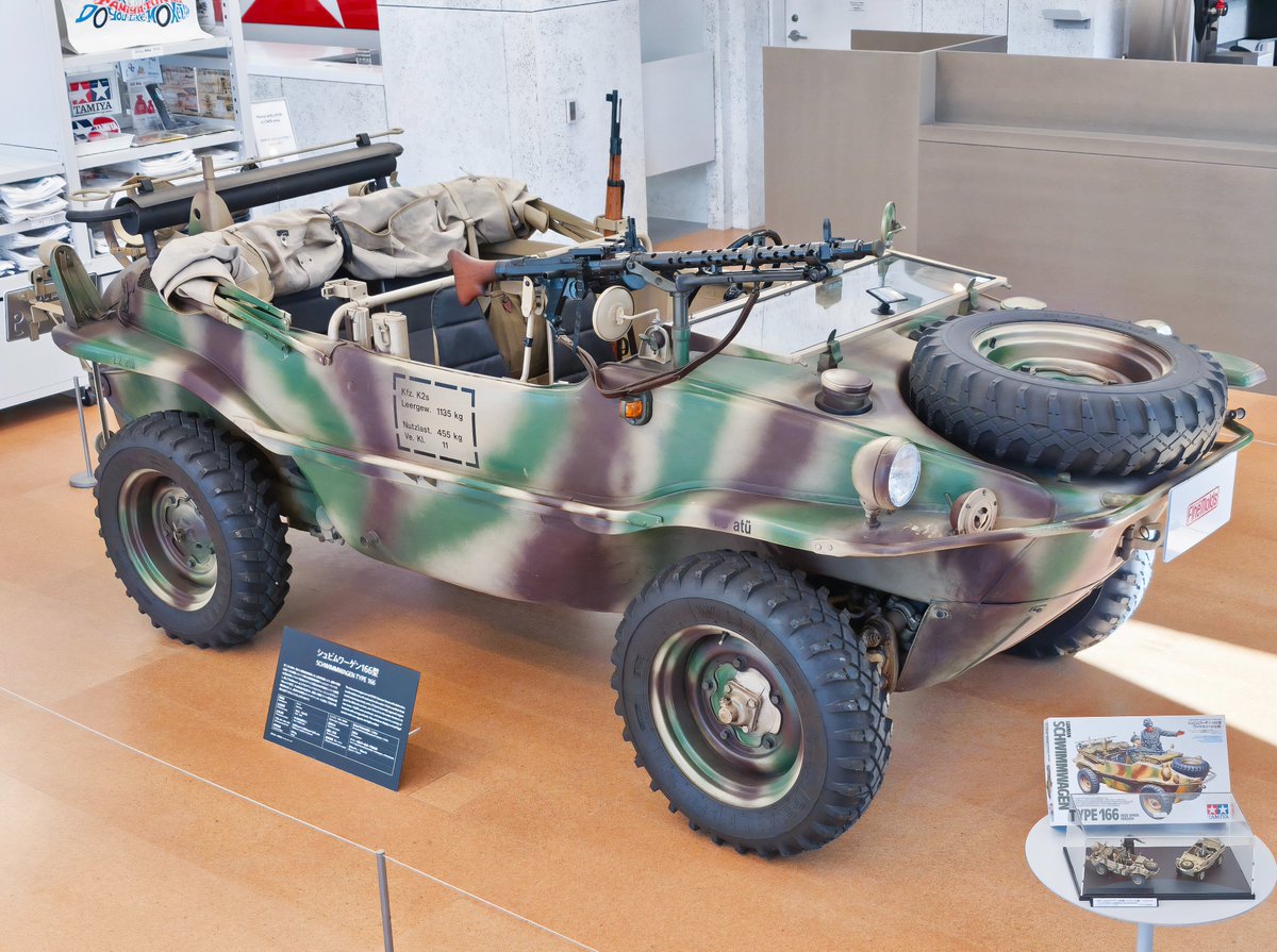 TAMIYA_TOKYO's tweet photo. 📢《実車展示中》
現在 #tamiya_tokyo では、水陸両用車「シュビムワーゲン166型」の実車を期間限定で展示中です。

普段なかなか見ることのできない実物車輌を、この機会にぜひ間近でじっくりご覧ください。

本日も皆さまのお越しをお待ちしております！

※期間中は「1/1 エアロ アバンテ」の展示はお休みしています