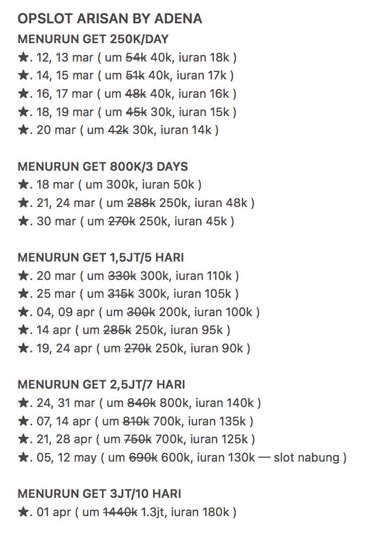 190573's tweet photo. haii! yang need arisan get bulan maret - juni bisa cek disini ya! get terdekat lusa 250k tanggal 12 maret, um bisa full potget

mar : 250k, 300k, 500k, 800k, 1.5jt, 2.5jt
apr : 500k, 1.5jt, 2.5jt, 3jt, 3.5jt
may : 2.5jt, 3.5jt
jun : 3.5jt

yang mau liat slot bisa dm aku #zonauang https://t.co/Md7sxxD8OT