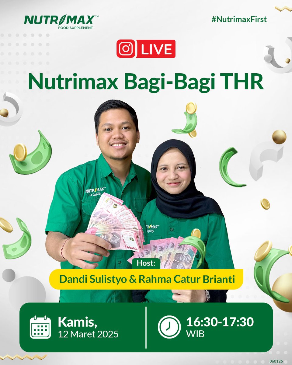 Ini dia yang ditunggu-tunggu Sahabat Nutrimax... dalam menyambut hari raya, Nutrimax bagi-bagi THR!

Join IG Live Bagi-Bagi THR pada:
📆 Kamis, 12 Maret 2026
🕓 16:30-17:30 WIB

Akan ada 20 Pemenang dengan TOTAL HADIAH 2 JUTA RUPIAH!!!

Join>> instagram.com/nutrimax_indon…