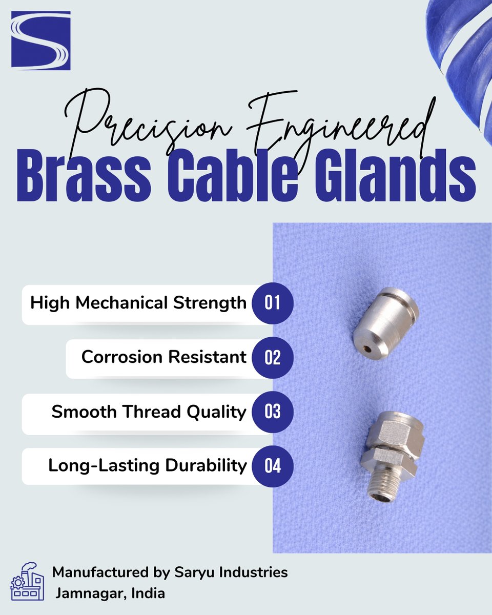 saryuindustries's tweet image. Our Brass Cable Glands ensure secure cable entry, reliable sealing, and durable protection for cables in electrical and industrial systems, providing optimal safety and functionality.

Explore more: saryuindustries.com/brass-cable-gl…

#BrassCableGland #CableSealing #PrecisionBrass