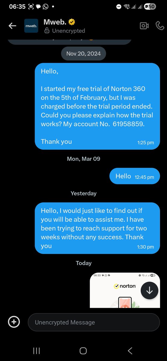 TheBulawayoHunk's tweet photo. @MWEBTweets So you ask me to DM you &amp; then you don't reply again. Why am I being billed for a product I cancelled before my trial period ended. https://t.co/8jRzRP4jbi