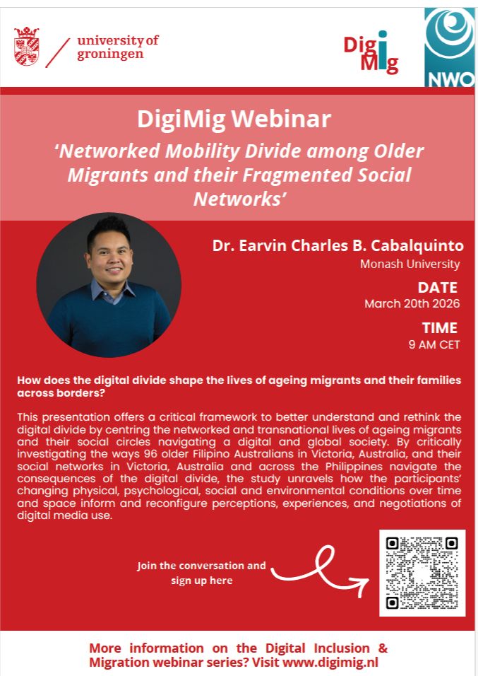 earvsc's tweet photo. UPCOMING TALK. I'll be presenting my ARC funded project in the DigiMig Webinar Series. It will showcase how the digital divide impacts older migrants and their local and transnational networks. 

Register: https://t.co/VqBOGyxL3l

#ageing #digitalmedia #migration #mobility https://t.co/O9eeFLOdpM