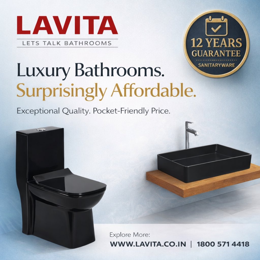 LAVITABATHWARE's tweet photo. 🚿 Upgrade Your Bathroom Without Overspending!

Introducing Lavita Sanitaryware – where premium quality meets pocket-friendly pricing.

✔ Modern Stylish Designs  
✔ Durable Premium Ceramic  
✔ 12 Years Guarantee  
✔ Designed for Modern Bathrooms  

Transform your bathroom https://t.co/EGivjxhGeE