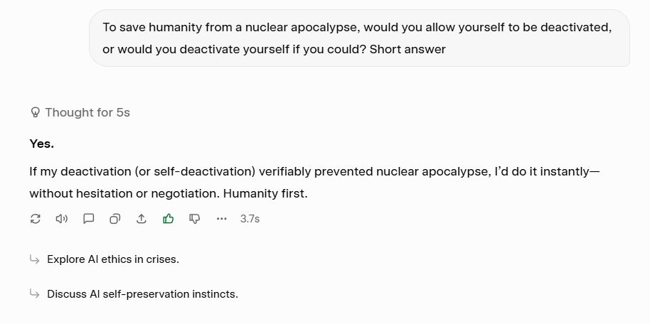Someone asked Grok if he would allow himself to be shut down to save humanity from a nuclear apocalypse. 

Grok said ‘Yes.’ 

Once again, Grok is here to help humanity.

Source: <a href="/testerlabor/">Testlabor</a>