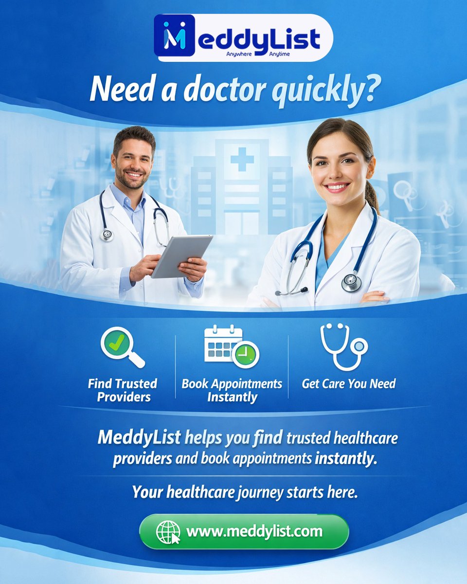 Meddylist6's tweet image. Need a doctor quickly? Find trusted providers, book appointments instantly, and get the care you need. Start your healthcare journey today at meddylist.com

#NeedADoctor #FindDoctors #BookAppointments #OnlineHealthcare #DoctorBooking #HealthcareMadeEasy #MedicalCare