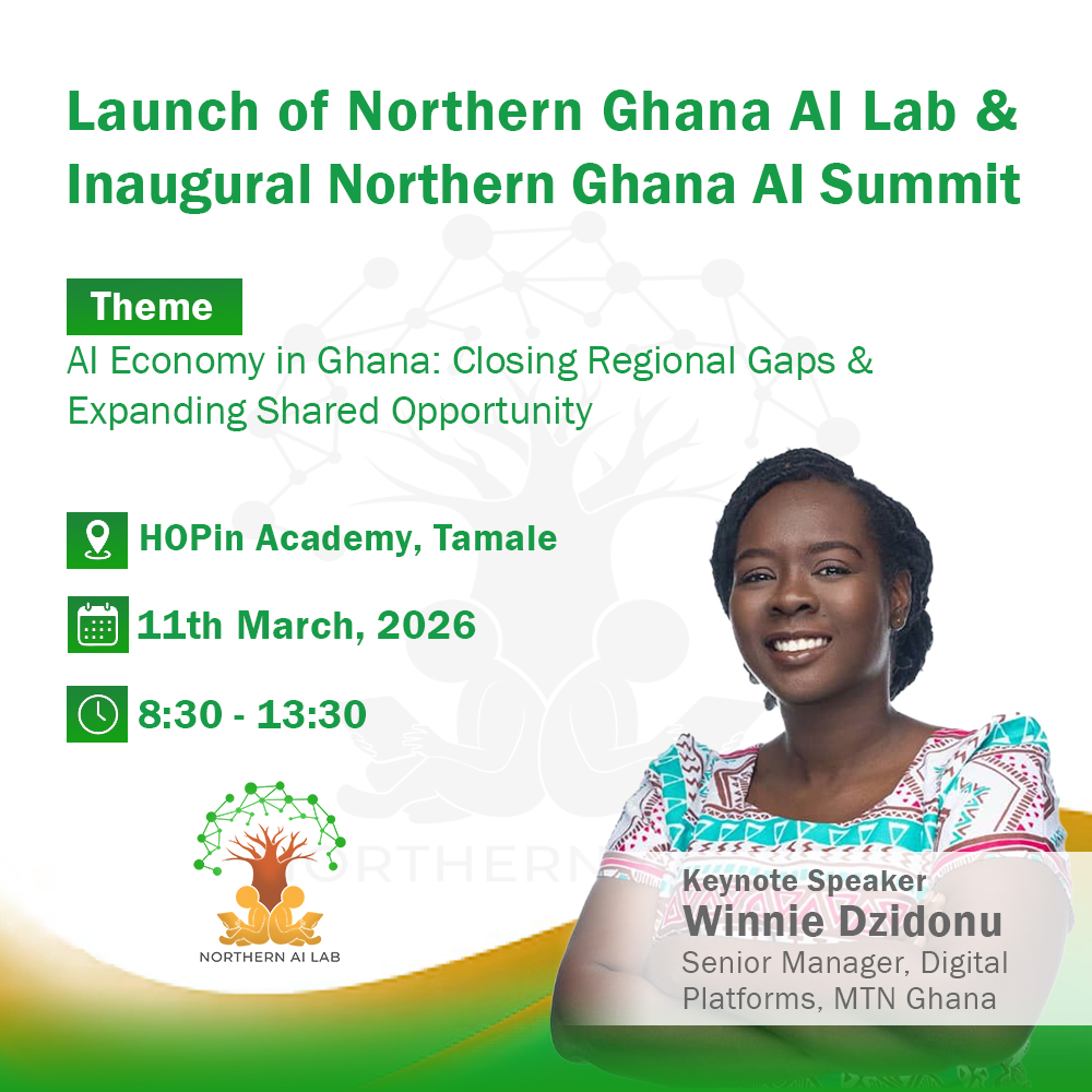 NorthernAILab's tweet photo. Meet our Keynote Speaker: Winnie Dzidonu, Senior Manager, Digital Platforms, MTN Ghana.

Today at the #launch of the Northern Ghana AI Lab, Winnie will share key insights on the theme: AI Economy in Ghana: Closing Regional Gaps and Expanding Shared Opportunity.

#ResponsibleAI https://t.co/Bww2zFEBoR