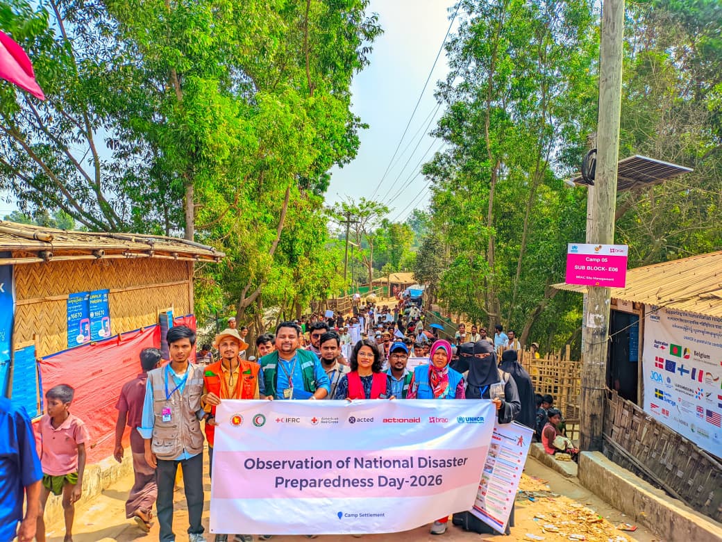 BDRCS1's tweet photo. @BDRCS1 @ifrc @RedCross jointly with #GoB & partners observed National Disaster Preparedness Day'26 in #CampSettlement & host areas with:
👉 Awareness rally
👉 Disaster #preparedness & #response drill
👉 Art competition
👉 Dialogue/advocacy
👉 Appreciation for volunteers
#NDPD https://t.co/pY369U5DHw