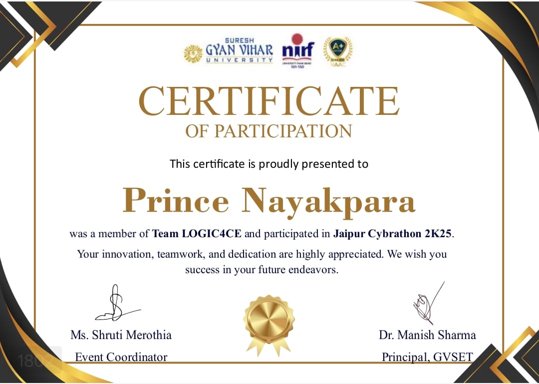 Prince1252254's tweet photo. 🚀 Participated in Jaipur Cybrathon 2K25 with Team LOGIC4CE!Grateful to Suresh Gyan Vihar University for the amazing hackathon experience.
Learned, collaborated, and built with great people. 💻🔥#Hackathon #Cybrathon #StudentDeveloper #Tech https://t.co/KAgwFJ1CHF