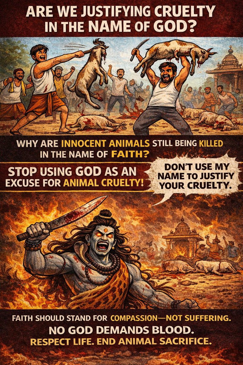 HoomanDecoder's tweet photo. STOP USING GOD AS AN EXCUSE FOR ANIMAL CRUELTY!

For the past few days, several temples have been conducting animal sacrifice rituals. Usually, the deaths of these animals would be quick. While we oppose this practice itself, we have recently seen a few psychos on temple campuses using these festivals as a way to fulfill their psychological urges.

Anyone who wants something from God should sacrifice themselves. Nobody cares, and in fact, the world would be a better place if we eradicated such idiots! Stop using animals for your greed.

I AM A THEIST! I PROMISE YOU THAT NO GOD WILL BLESS THESE PEOPLE, AND THEIR ENTIRE BLOODLINE WILL PAY FOR THESE SINS!

The government should ban these animal sacrifices, and anyone who commits this cruel act should be punished in the same way he k!lled those animals!

#saveindiananimals #stoptemplesacrifices @WHO @UN @UNHumanRights @PMOIndia @rashtrapatibhvn