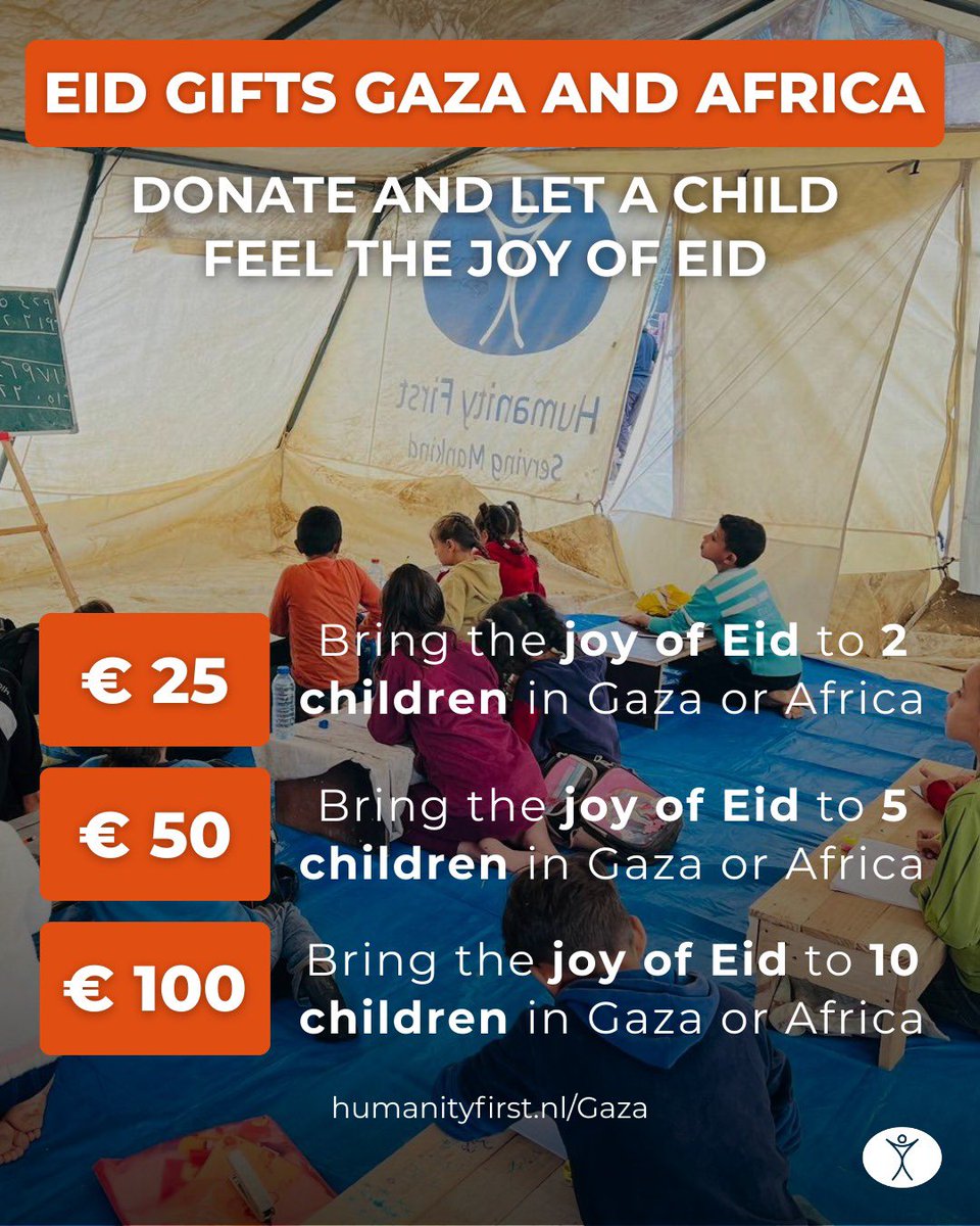 HumanityFirstNL's tweet photo. Let children feel the joy of Eid 🕌🌙

Humanity First will be distributing Eid gifts to children in Gaza and Africa. Please donate. 💙

Donate 🔗: https://t.co/VSfgdDqk12